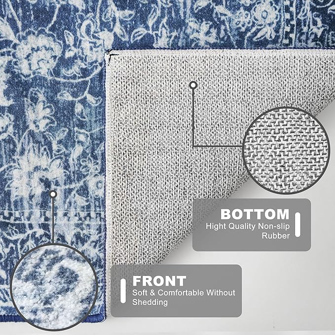 KILOCOCO Hallway Runner 2.6x18 Rug Runner Printed Vintage Floral Washable Kitchen Runners Non-Slip Rubber Backed Runners for Hallways Laundry Room Distressed Boho Rugs for Bedroom, Blue