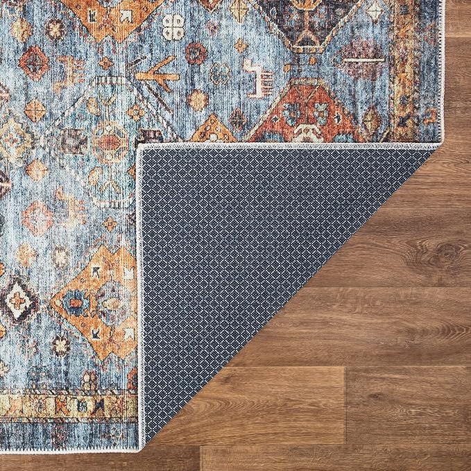Bloom Rugs Washable Non-Slip 12 ft Runner - Blue/Orange Traditional Bordered Runner for Entryway, Hallway, Bathroom, and Kitchen - Exact Size: 2.5' x 12'