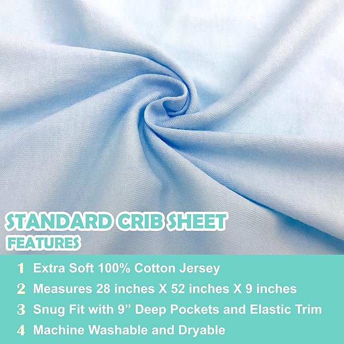 American Baby Company 3 Pack 100% Natural Cotton Fitted Crib Sheets 52" x 28" - Soft, Breathable, Hypoallergenic & Gentle Toddler Bed Sheets, Blue, Neutral for Boys & Girls