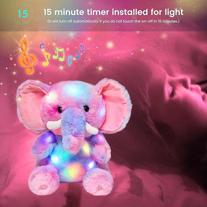 Hopearl Colorful LED Musical Stuffed Elephant Light up Singing Plush Elephish Adjustable Volume Lullaby Animated Soothe Birthday Festival for Kids Toddlers, Rainbow, 11''