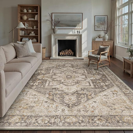 Taupe Brown Area Rug 9x12 Vintage Washable Distressed Living Room Carpet Large Indoor Non Slip Traditional Medallion Retro Low Pile Accent Throw Rug Bedroom Kitchen Office Dining Room