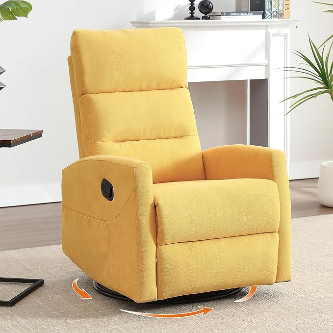 360° Swivel Rocking Chair for Nursery, Manual Glider Chair Nursing Chair with Side Pockets, Polyester Glider for Living Room, Heavy Duty Motion Mechanism, Yellow