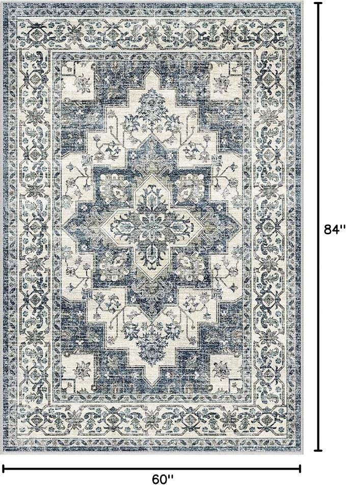Dripex Vintage 5x7 Area Rugs - Large Washable Area Rug for Living Room Bedroom Oriental Medallion Floral Print Floor Carpet Low-Pile Indoor Soft Non-Slip Accent Rug Farmhouse Home Office Decor