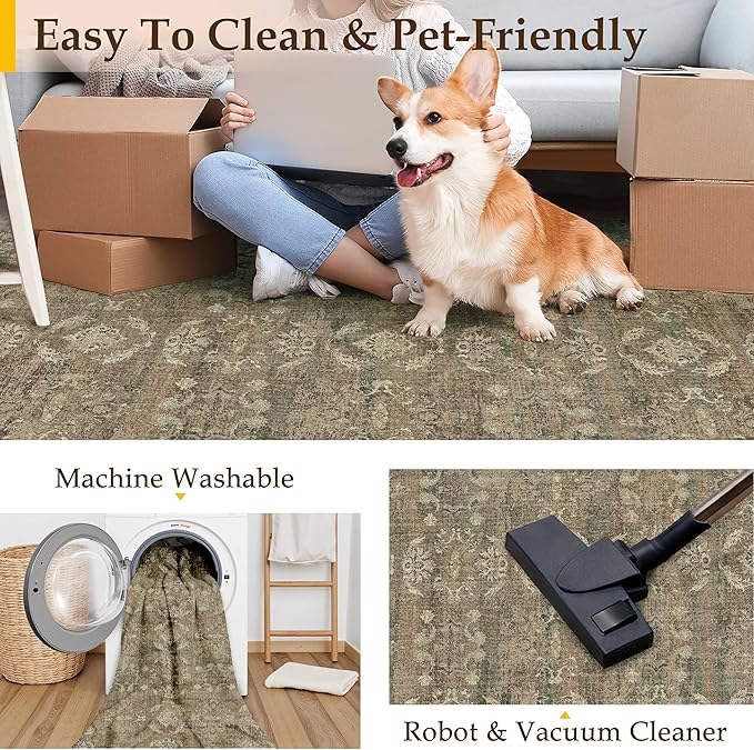 8x10 Brown Area Rug for Living Room Washable Vintage Distressed Carpet Large Bedroom Low Pile Non Slip Indoor Soft Retro Throw Accent Rug Office Kitchen Bathroom Dining Room