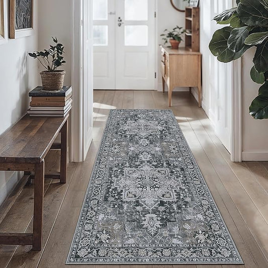 GENIMO 2'6''x10 Runner Rugs for Hallway, Machine Washable Non Slip Vintage Rugs, Low Pile Lightweight Soft Print Rug for enrtyway, Corridor, Home Office, Kitchen,Dark Gray