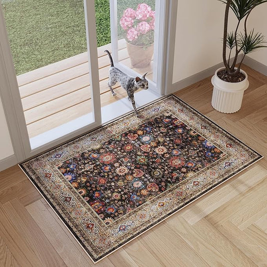 Door Mat Indoor Entrance 2x3 Rug Machine Washable Boho Small Area Rug Non-Slip Low Pile Throw Rugs for Entryway, Kitchen, Front Door Indoor Entrance, Entry, Kids Room (Dark Espresso)
