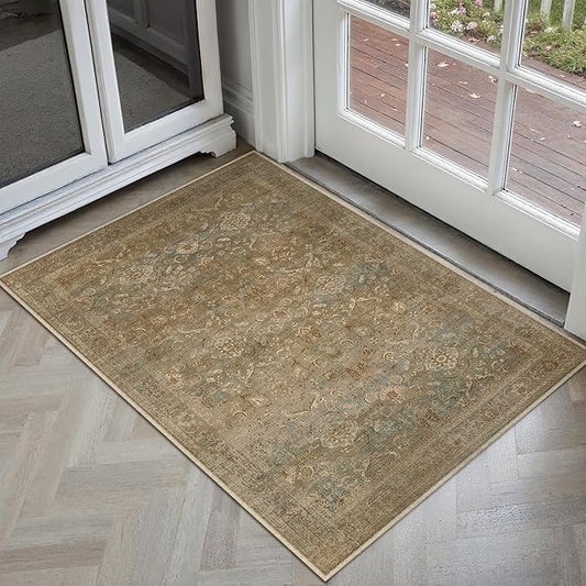 Vintage Area Rug 2x3 Washable Brown Entryway Carpet Non Slip Entrance Low Pile Kitchen Distressed Retro Accent Throw Rug for Bathroom Bedroom Dining Living Room