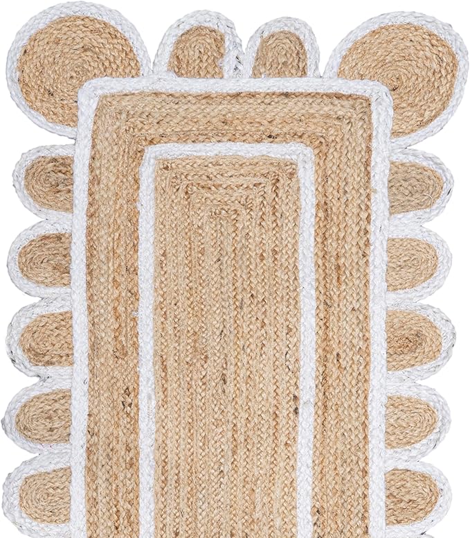 Shiv Shakti Exports Scalloped Natural Jute Area Rug, Natural Base Off White Trim (2x6 Feet)