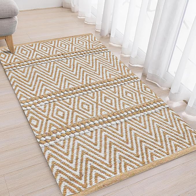 Jute Cotton Stripe Area Rug for Living Room 24x36 Inch - Natural Ivory - Machine Washable 2x3 Feet Rugs - 70% Jute and 30% Cotton