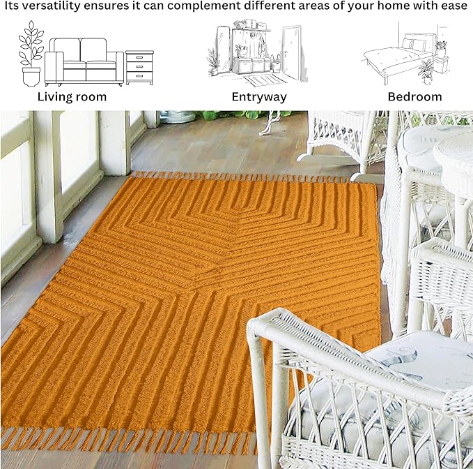 Boho Rugs for Living Room 4x6, Farmhouse Cotton Area Rug for Bedroom, Washable Tufted Indoor Floor Carpet for Kitchen Dorm Office Dining Room Office Home Decor, Mustard