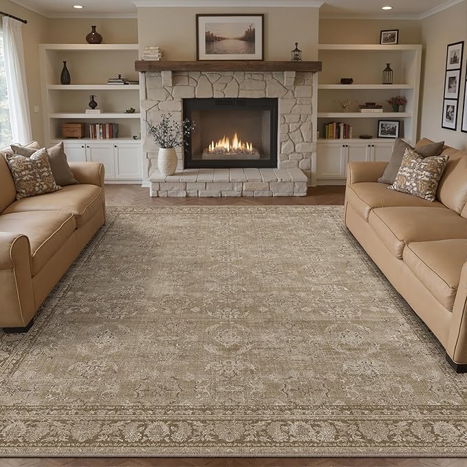 8x10 Light Brown Area Rug for Living Room Washable Vintage Distressed Carpet Large Bedroom Low Pile Non Slip Indoor Soft Retro Throw Accent Rug Office Kitchen Bathroom Dining Room