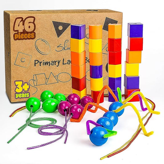 Skoolzy Rainbow Stringing Beads for Toddlers 46 Pcs Set - 5 pk - Stringing Beads - String Beads with Strings, Pipe Cleaners and Bag - Montessori Toys Occupational Therapy for Preschool