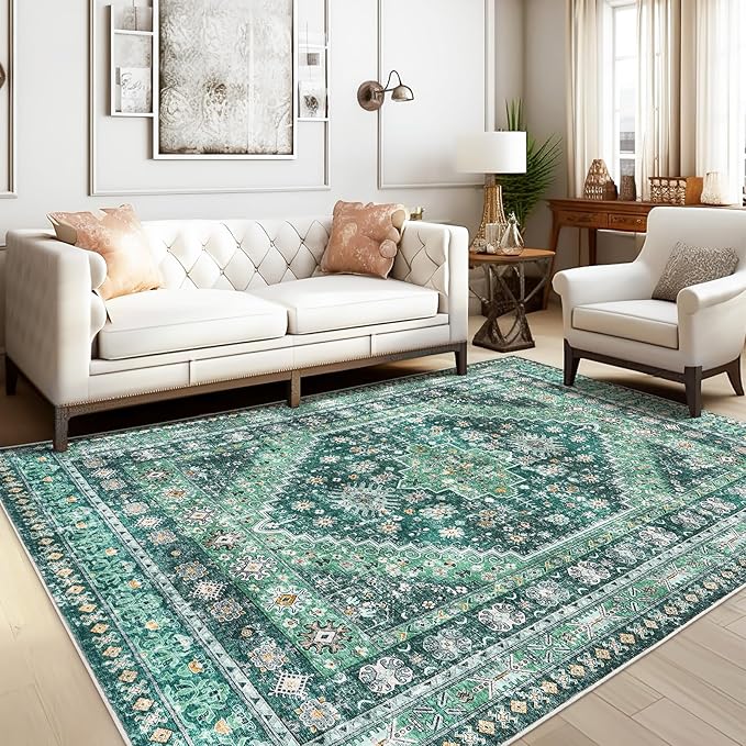 zesthome 8x10 Area Rugs for Living Room,Non-Slip Backing Washable Rugs,Vintage Large Area Rug，Stain Resistant Home Decor Rug(Green/Teal,8'x10')