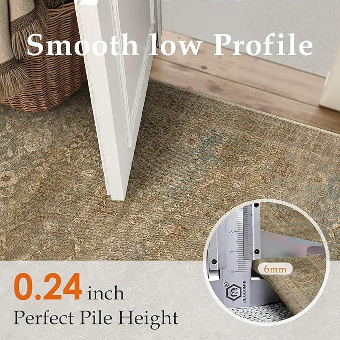 Vintage Area Rug 8x10 Washable Brown Living Room Carpet Large Indoor Non Slip Bedroom Low Pile Kitchen Distressed Retro Accent Throw Rug for Dining Room