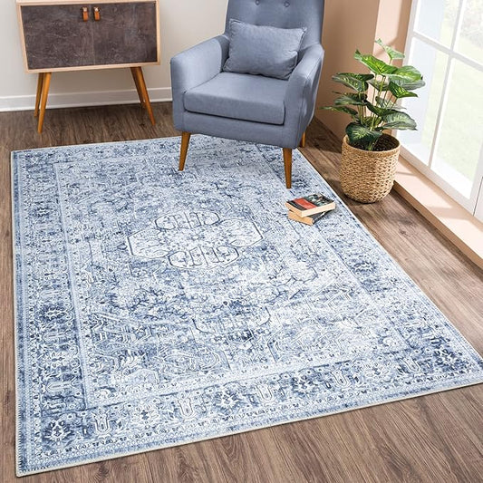 Bloom Rugs Washable Non-Slip 2' x 3' Rug - Ivory/Denim Blue Traditional Medallion Area Rug for Living Room, Bedroom, Dining Room, and Kitchen - Exact Size: 2' x 3'