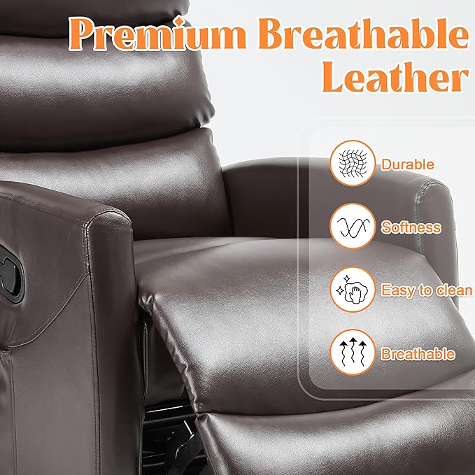 Manual Swivel Rocker Recliner Chair with Massage, Overstuffed Recliner Glider with Vibration Massage and Heat for Nursery, Living Room Reclining Sofa Chair, PU Leather Dark Brown