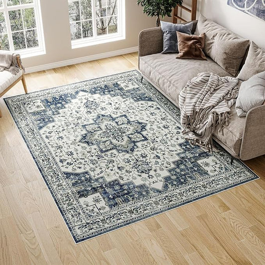 Washable Area Rug 6x9 Living Room Rug Stain & Water Resistant Foldable Thin Vintage Rugs Faux Wool Floor Carpet for Bedroom Dining Room Kitchen Bathroom Farmhouse Office