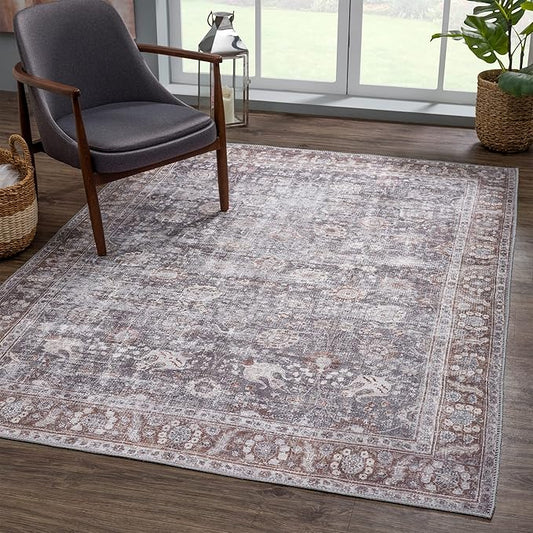 Bloom Rugs Washable 6' x 9' Rug - Brown/Dark Gray Traditional Area Rug for Living Room, Bedroom, Dining Room, and Kitchen - Exact Size: 6' x 9'