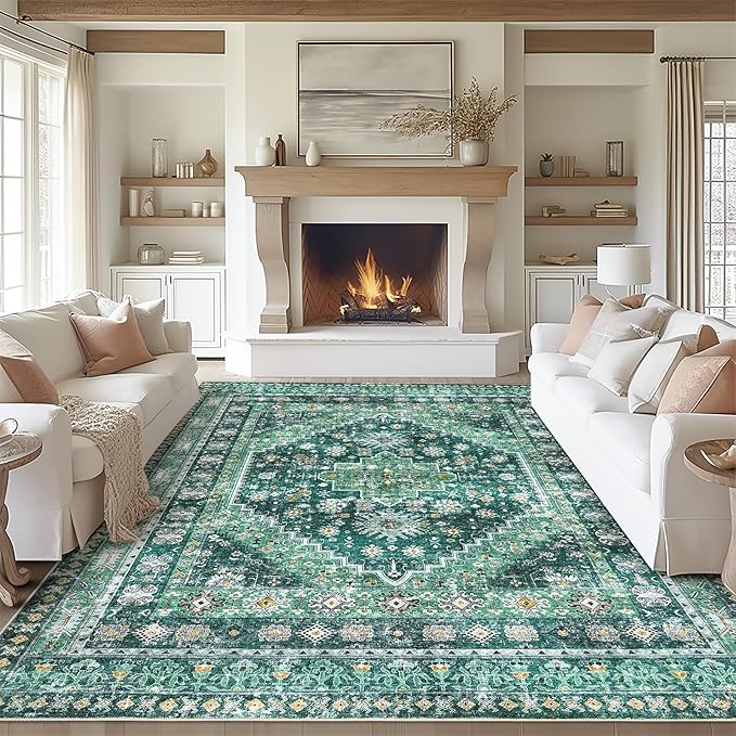 zesthome 8x10 Area Rugs for Living Room,Non-Slip Backing Washable Rugs,Vintage Large Area Rug，Stain Resistant Home Decor Rug(Green/Teal,8'x10')
