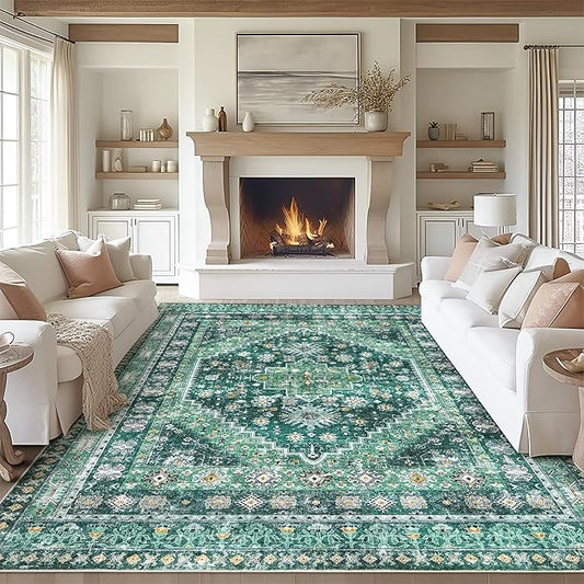 zesthome 8x10 Area Rugs for Living Room,Non-Slip Backing Washable Rugs,Vintage Large Area Rug，Stain Resistant Home Decor Rug(Green/Teal,8'x10')