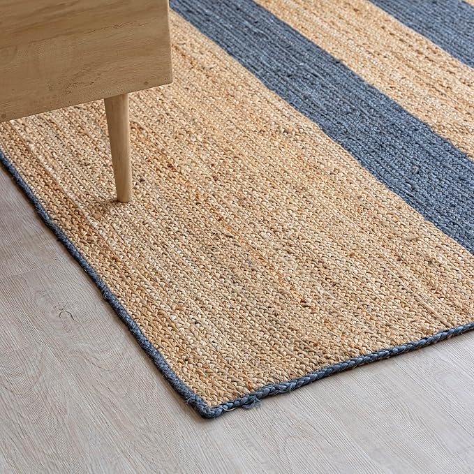 HOMEMONDE Natural Stripe Braided 8'x10' Jute Area Rug - Eco Friendly Premium Fiber - Durable and Reversible Handwoven Farmhouse Rug for Living Room, Hallway, Bedroom, Dinning Room, Kitchen, Office