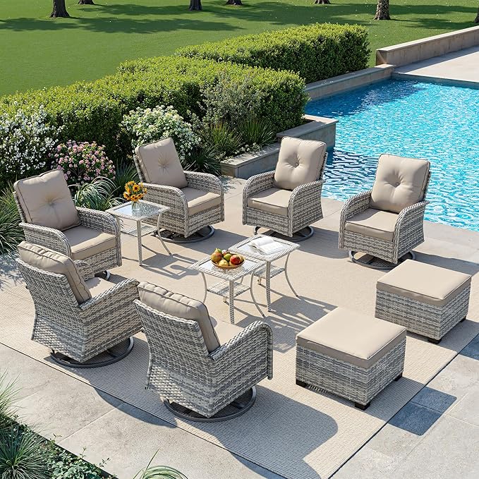 11-Piece Small Patio Furniture Set, Outdoor Swivel Rocking Chairs Set with Ottomans, Patio Bistro Set for Balcony, Deck, Porch, Khaki