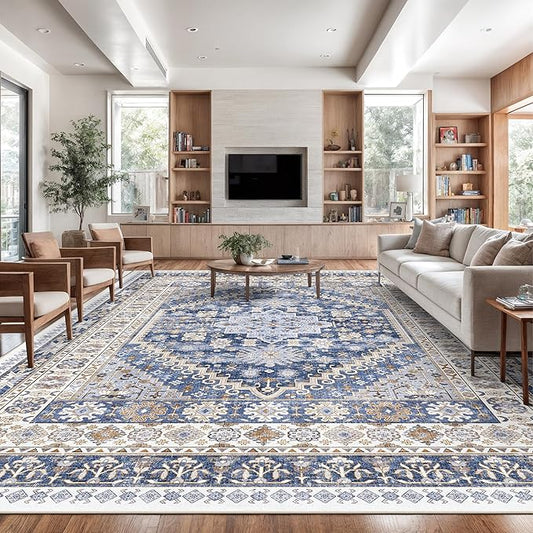 zesthome 12x15 Area Rugs, Large Washable Rug, Ultra-Thin Stain Resistant Rugs for Living Room, Bedroom, Non-Slip Backing Home Decor Area Rug (Blue/Beige,12'x15')