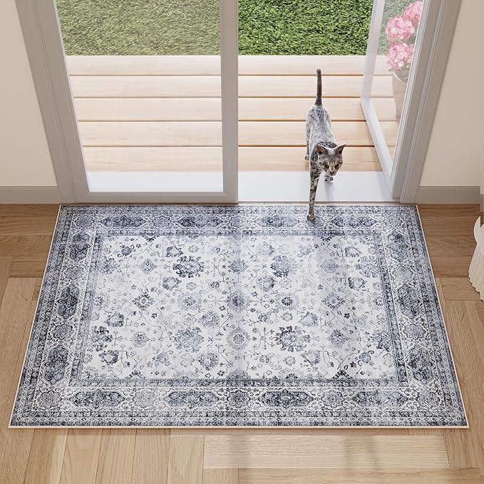 Door Mat Indoor Entrance 2x3 Rug Machine Washable Small Area Rug Non-Slip Low Pile Throw Rugs for Entryway, Kitchen, Front Door Indoor Entrance, Entry, Kids Room (Grey and White)