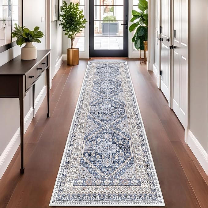 zesthome Washable Runner Rug 2.5x10 - Stain Resistant Entryway Rug,Ultra-Thin Kitchen Rugs, Anti Slip Backing Runner Rugs for Entrance Laundry Room Indoor Hallway (Blue/Beige,2.5'x10')