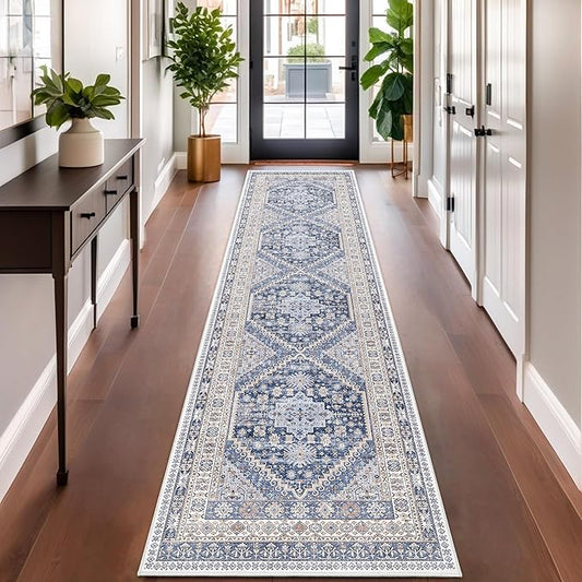 zesthome Washable Runner Rug 2.5x10 - Stain Resistant Entryway Rug,Ultra-Thin Kitchen Rugs, Anti Slip Backing Runner Rugs for Entrance Laundry Room Indoor Hallway (Blue/Beige,2.5'x10')