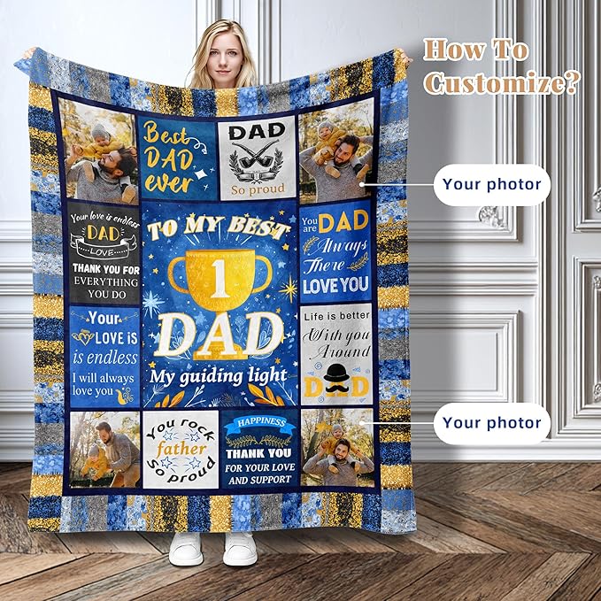 Personalized Fathers Day Birthday for Dad Custom Throw Blanket with Pictures, Customized Photo Blankets Gift for Daddy Men Grandpa Husband from Daughter Son Kids Wife (Bule Grid dad)