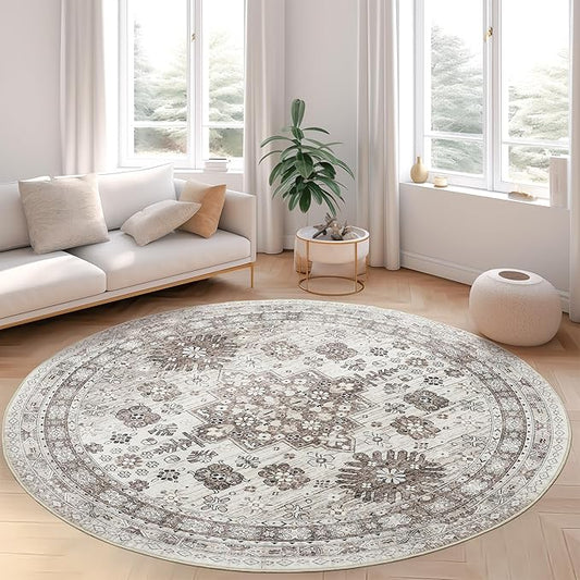 zesthome Washable Round Area Rugs - Non-Slip 6ft Round Rugs, Ultra-Thin Large Circle Rugs for Living Room, Soft Low Pile Rug for Bedroom, Kitchen, Nursery - Vintage Round Rug(Brown/Beige,6'x6')