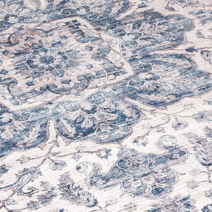 ReaLife Rugs Machine Washable Area Rug Runner - Living Room Bedroom Bathroom Kitchen Entryway Office - Padded Low Pile Stain Resistant Premium - Boho Farmhouse Vintage - Joy - Blue Ivory 3' x 5'