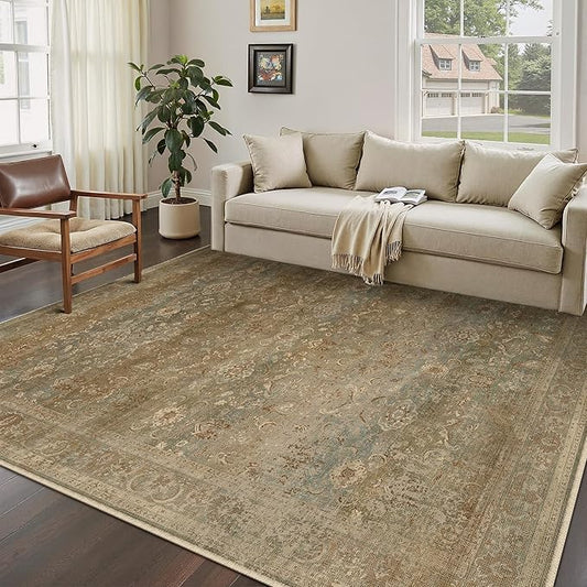 Vintage Area Rug 5x7 Washable Brown Living Room Carpet Large Indoor Non Slip Bedroom Low Pile Kitchen Distressed Retro Accent Throw Rug for Dining Room