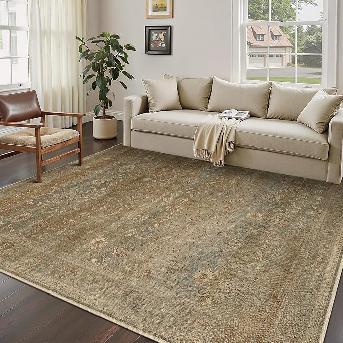 Vintage Area Rug 6x9 Washable Brown Living Room Carpet Large Indoor Non Slip Bedroom Low Pile Kitchen Distressed Retro Accent Throw Rug for Dining Room