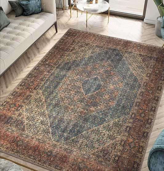 Keen Home Design 9x12 Rug - Machine Washable Area Rug with Non-Slip Backing, Ideal for Living Room, Dining Room, Bedroom - Vintage, Easy Clean, Durable, Low Pile Rug - (9' x 12')