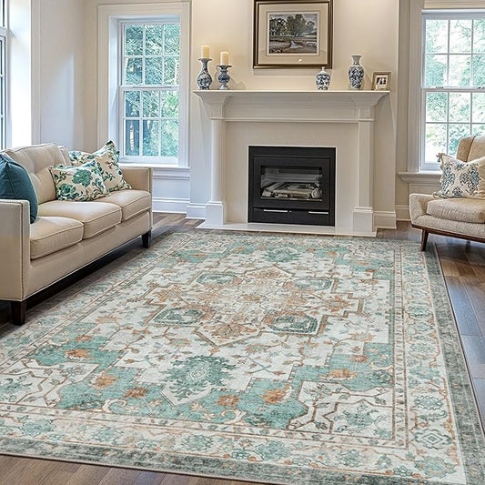 GENIMO 6x9 Area Rugs for Living Room, Machine Washable Non Slip Vintage Rugs, Low Pile Lightweight Chenille Print Rug for Bedroom, Dining Room, Home Office, Cyan