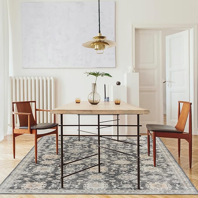 ReaLife Rugs Machine Washable Area Rug Runner - Living Room Bedroom Bathroom Kitchen Entryway - Padded Low Pile Stain Resistant Premium - Boho Farmhouse Vintage - Bryn - Gray Beige Ivory 3' x 5'