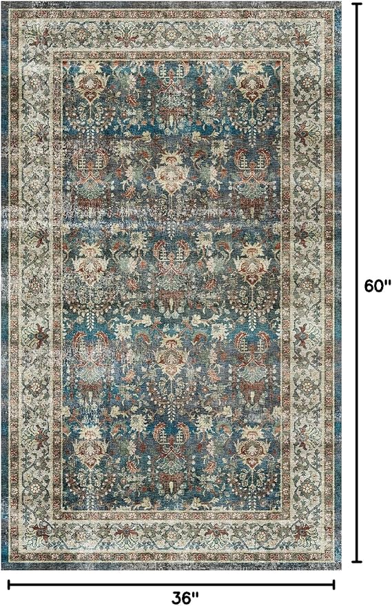 Dripex Vintage Washable Area Rug - 3x5 Entryway Rug for Indoor Door Mat Low-Pile Non-Slip Bedside Rug Bedroom Oriental Medallion Floral Print Carpet Soft Accent Rug Farmhouse Office Home Decor