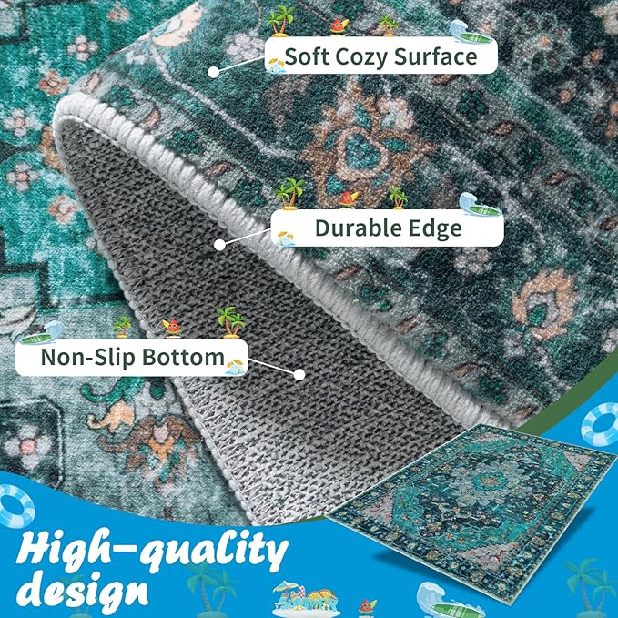 Ciicool Washable Runner Rug Nonslip, 2'x6' Teal Hallway Rug Non-Slip Vintage Kitchen Rugs Carpet Runner for Bedroom Laundry Bathroom Decor