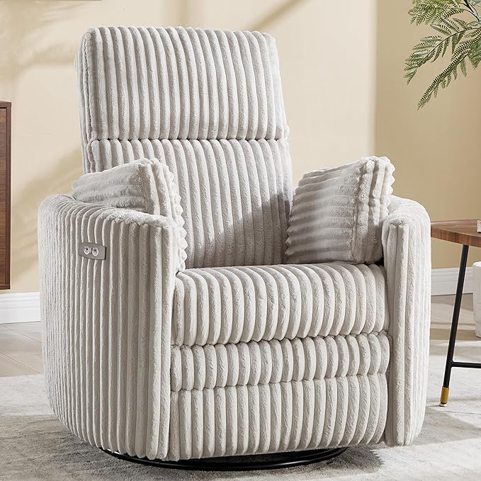 Recliner Swivel Glider Electric Rocking Chair with USB Living Room Bedroom Upholstered Highback Nursery Adult Power Recliner Rocking Chair with 2 Pillows(LIGHTGREY Corduroy, Power-Driven)
