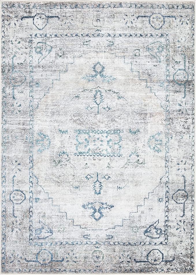 Bloom Rugs Washable Non-Slip 5' x 7' Rug - Teal/Beige Traditional Area Rug for Living Room, Bedroom, Dining Room, and Kitchen - Exact Size: 5' x 7'