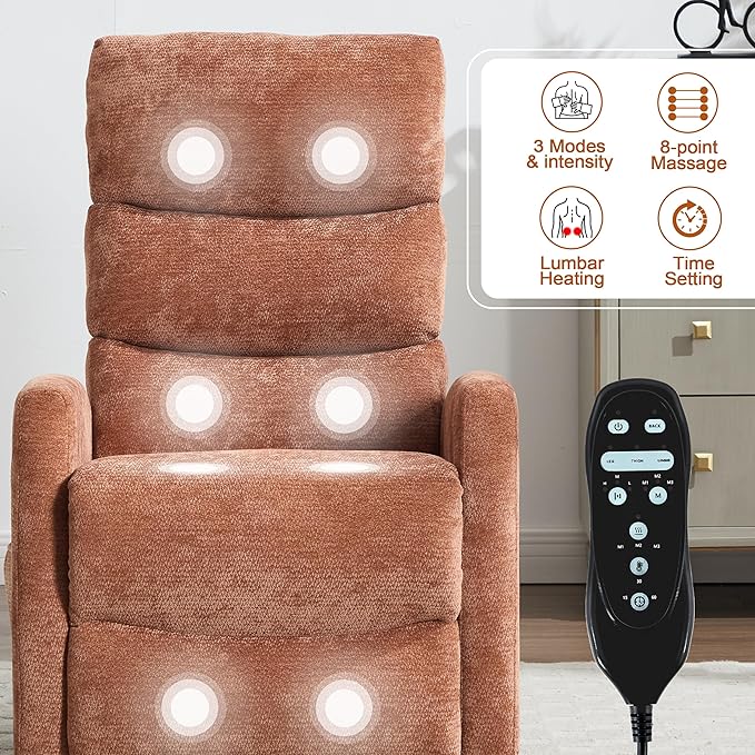 Manual Swivel Rocker Recliner Chair with Massage, Overstuffed Recliner Glider with Vibration Massage and Heat for Nursery, Living Room Reclining Sofa Chair, Fabric Orange