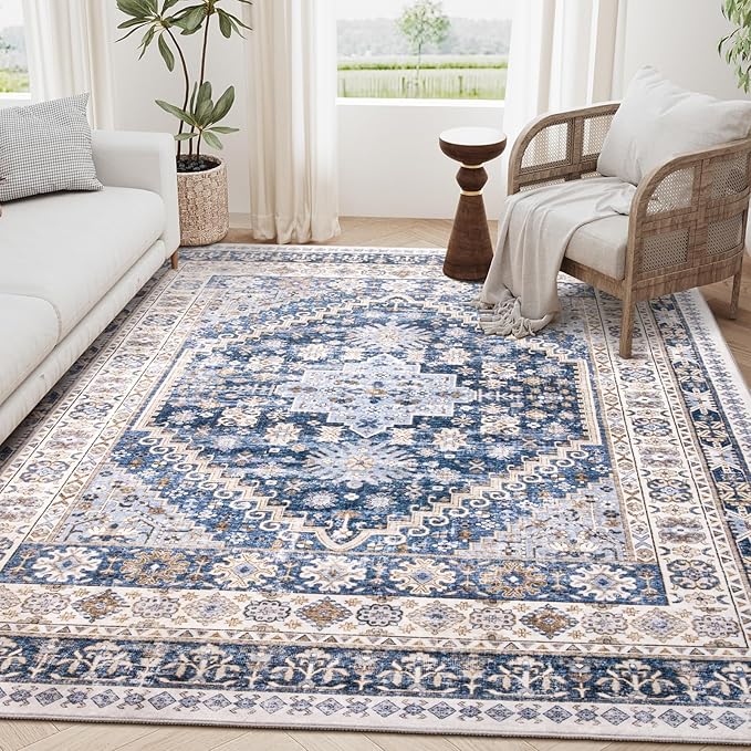 zesthome 3x5 Rug Ultra Soft Washable Rug, Non Slip Area Rug Indoor Entrance, Stain Resistant Rugs for Living Room Bedroom, Vintage Home Decor Area Rugs (Blue/Beige,3'x5')