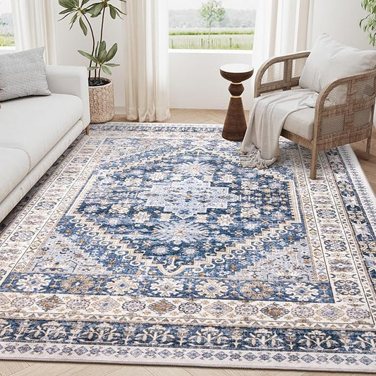 zesthome 3x5 Rug Ultra Soft Washable Rug, Non Slip Area Rug Indoor Entrance, Stain Resistant Rugs for Living Room Bedroom, Vintage Home Decor Area Rugs (Blue/Beige,3'x5')