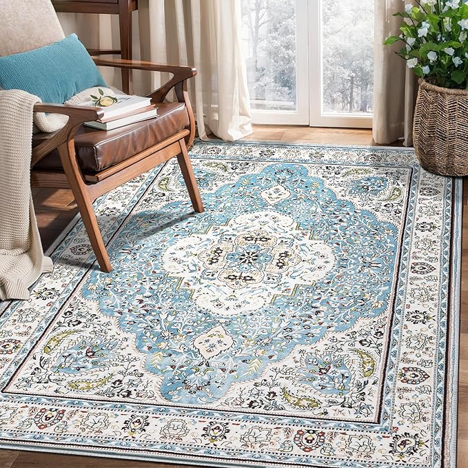 Ciicool Boho Area Rug 3’x5’ Blue Washable Bedroom Non-Slip Oriental Entry Soft Throw Low-Pile Indoor Rug Floor Carpet for Living Room Laundry Foyer Decor (Floral Medallion)