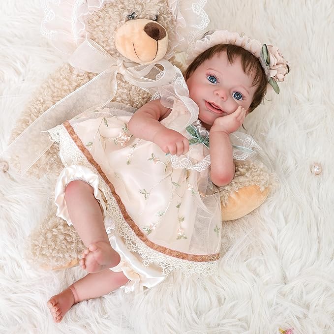 20-Inch Lifelike Reborn Baby Doll, Realistic Baby Doll with Cute Skirts, Poseable Smiling Full-Body Vinyl Baby Dolls for 3+ Years Old Kids Name Rosalie (Champagne (Open Eyes))