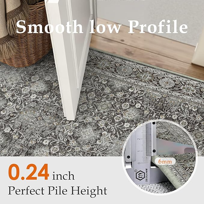 Vintage Area Rug 8x10 Black Washable Living Room Large Carpet Non Slip Bedroom Indoor Office Low Pile Traditional Distressed Retro Accent Rug for Dining Room