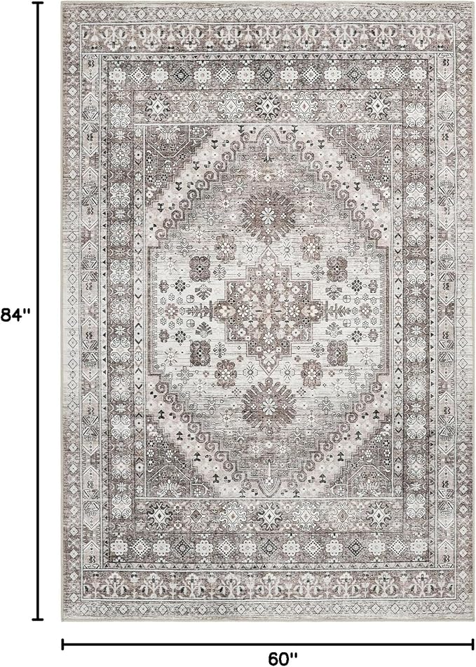 zesthome 5x7 Area Rugs - Ultra-Thin Washble Rug, Stain Resistant Anti Slip Backing Rugs for Living Room,Bedroom, Vintage Home Decor Area Rug (Brown/Beige,5'x7')