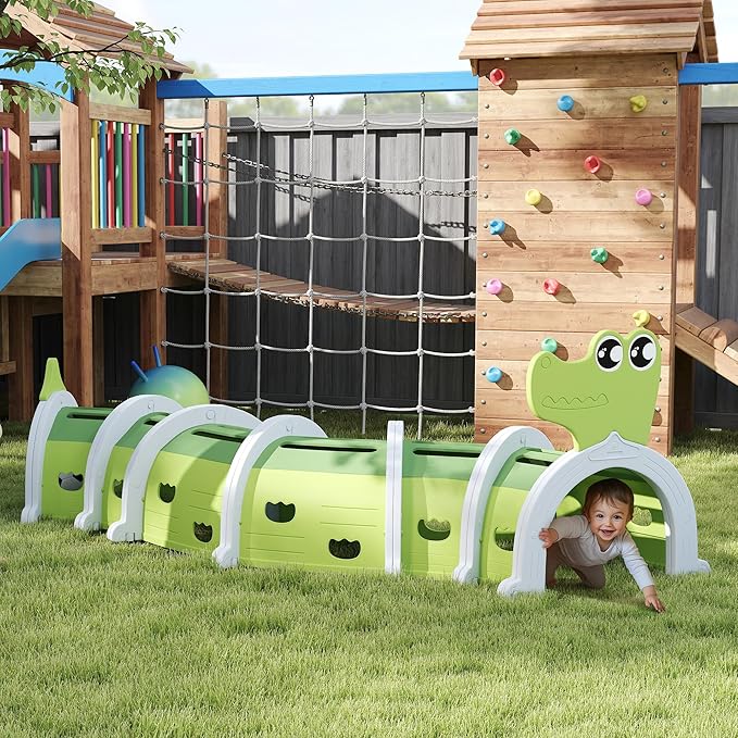 Qaba Crocodile Tunnel, Toddler Tunnel for Kids Crawl and Climb Through, Kids' Play Structure Indoor Outdoor, 6 Sections, Green